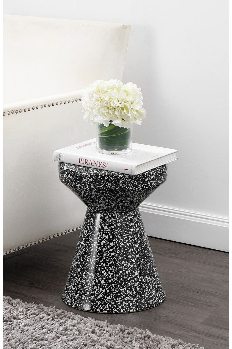 Xenia Modern Terrazzo Ceramic Outdoor Garden Stool, Hourglass Accent Side Table & Plant Stand for Patio or Living Room, Alternate, color, Black/White