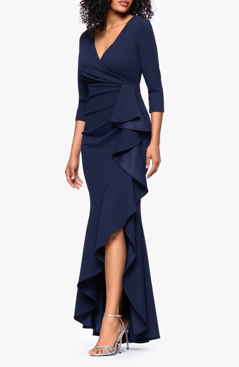 Betsy & Adam Ruffle Scuba Crepe Faux Wrap High-Low Mermaid Gown, Alternate, color, Navy
