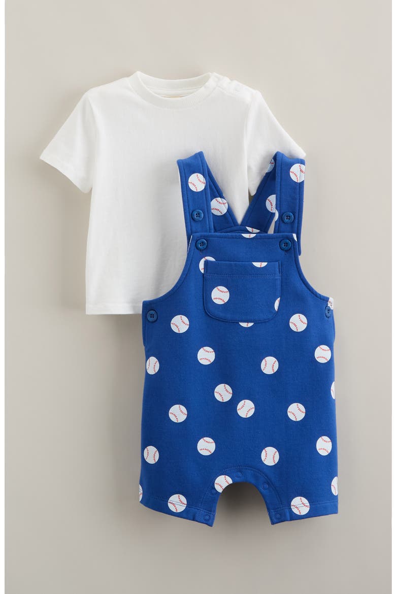 Baseball Print Short Overalls & T-Shirt Set, Main, color, BLUE BASEBALL DOT- WHITE