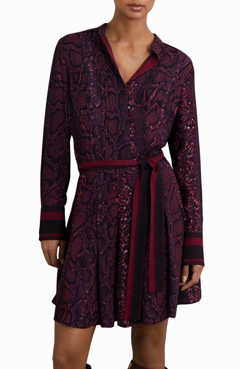 Reiss Aurora Snake Print Long Sleeve Shirtdress, Alternate, color, Burgundy/Black
