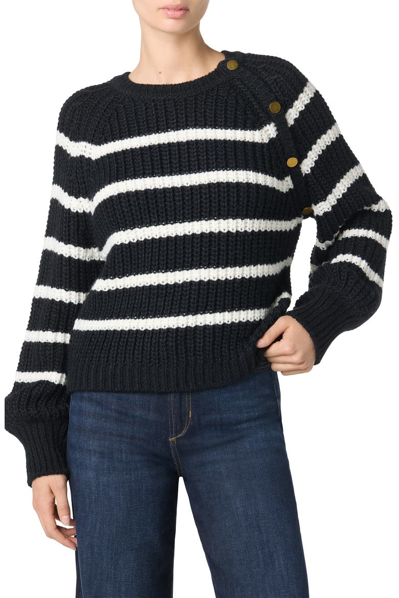 Striped Shoulder Button Sweater, Main, color, BLACK STRIPE