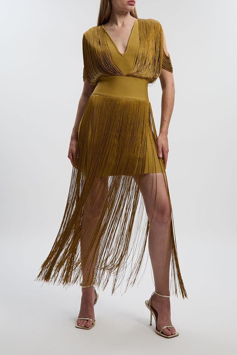 Bandage Knit Fringe Detail Dress, Alternate, color, Gold