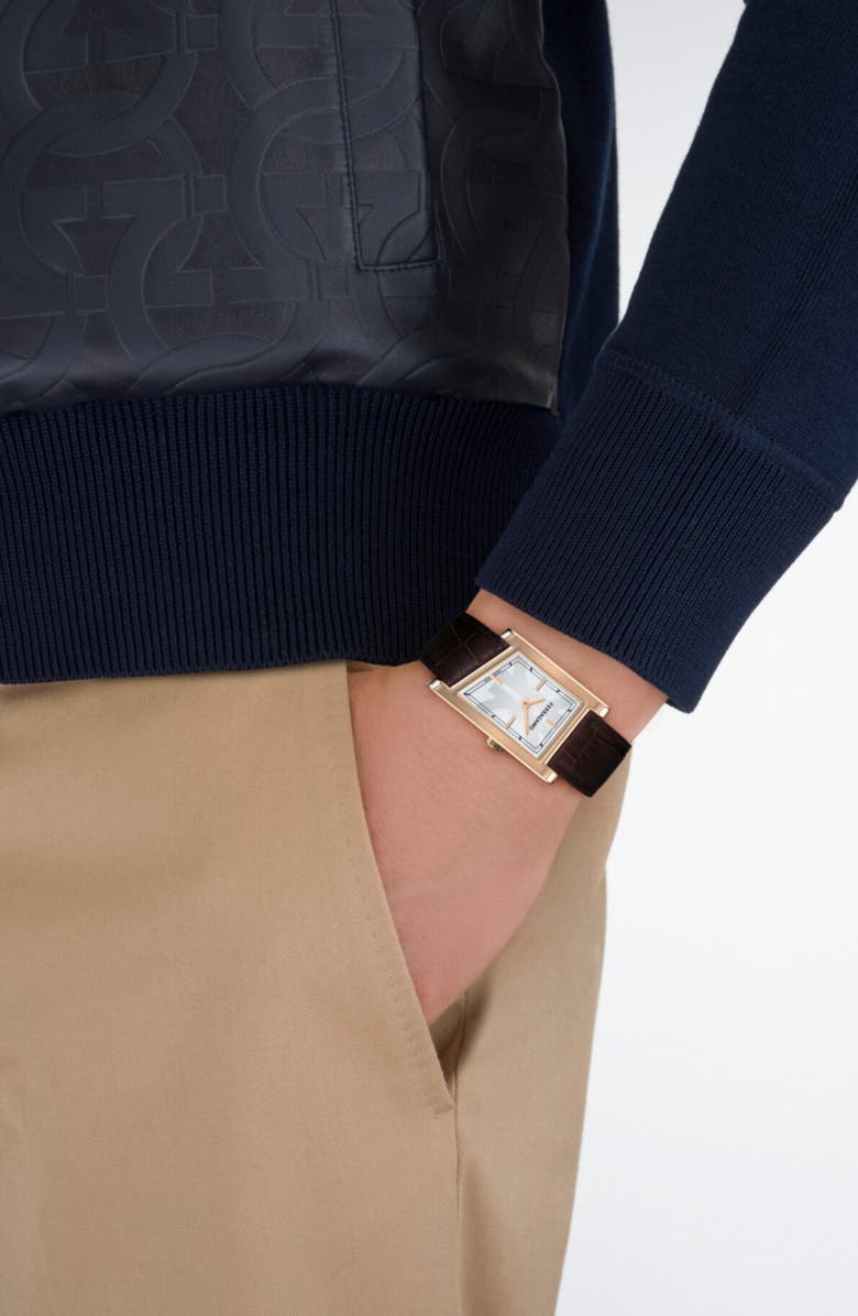 FERRAGAMO Asymetrique Leather Strap Watch, 24mm x 39mm, Alternate, color, Ip Rose Gold