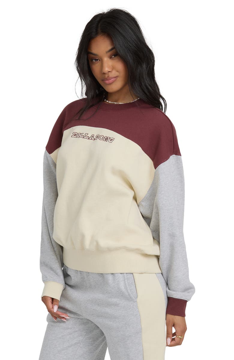 Billabong Get It Kendal Embroidered Colorblock Cotton Blend Fleece Sweatshirt, Alternate, color, Pinot