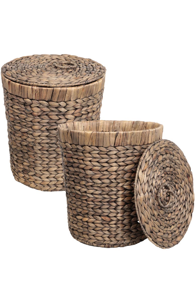 HAPPIMESS Nora Handwoven Water Hyacinth 5.7-Gallon Tapered Round Wicker Watebasket with Lid, Main, color, Brown