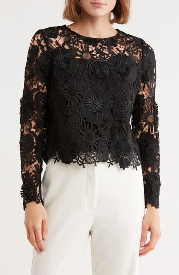 Milly Nori Floral Lace Long Sleeve Crop Top In Black