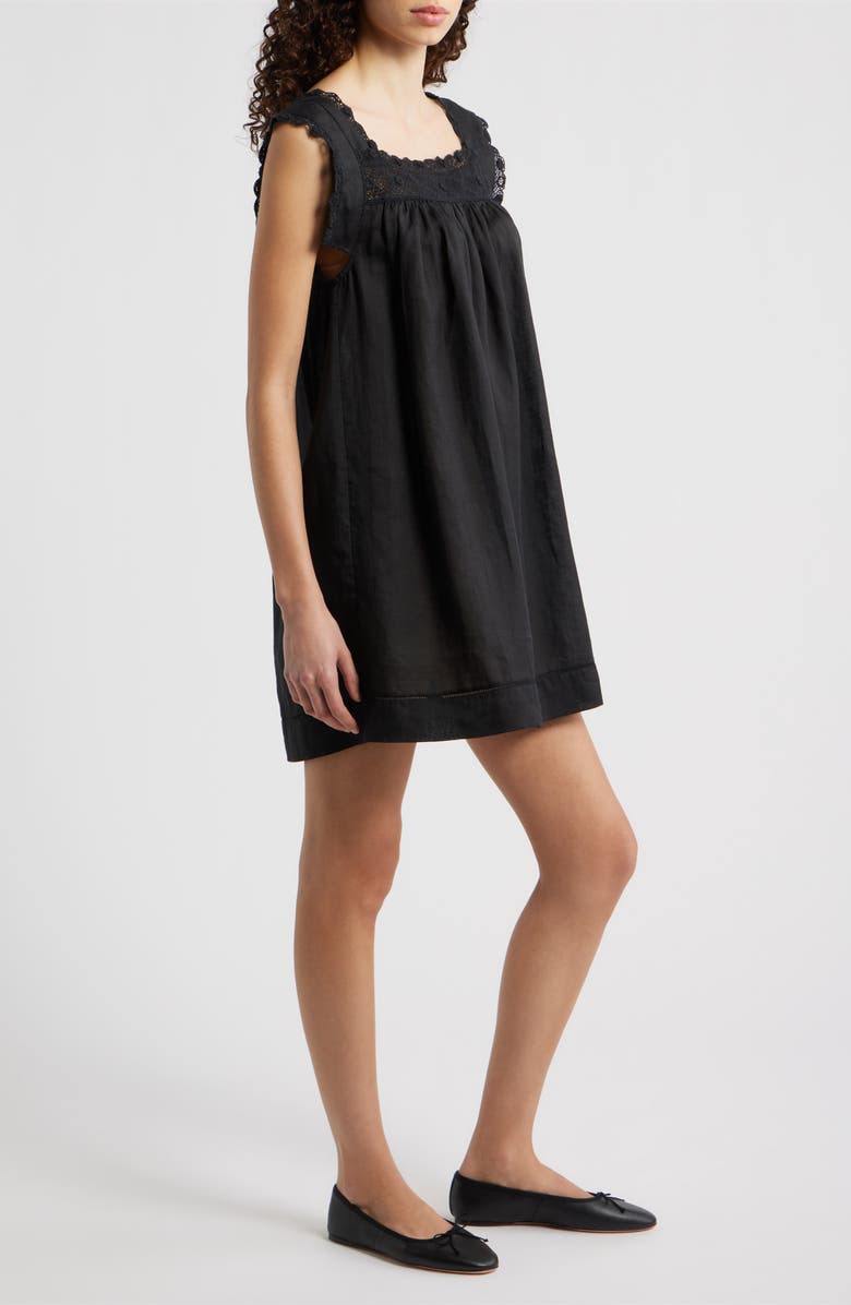 DÔEN Almadia Lace Trim Ramie Shift Minidress, Alternate, color, Black