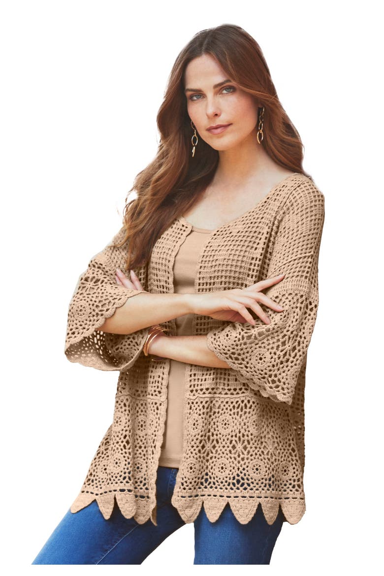 Plus Size Scallop Trim Crochet Cardigan, Main, color, NEW KHAKI