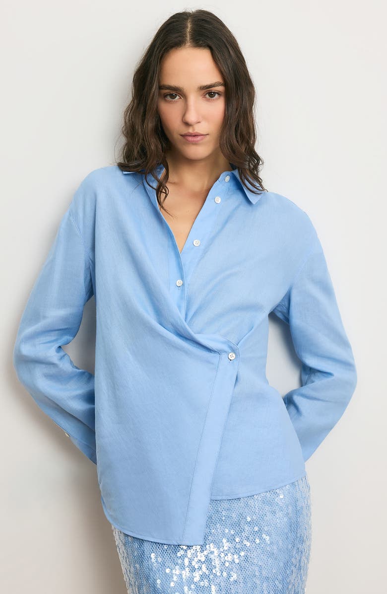 Veronica Beard Perezzi Asymmetric Linen Button-Up Shirt, Alternate, color, Blue Jay