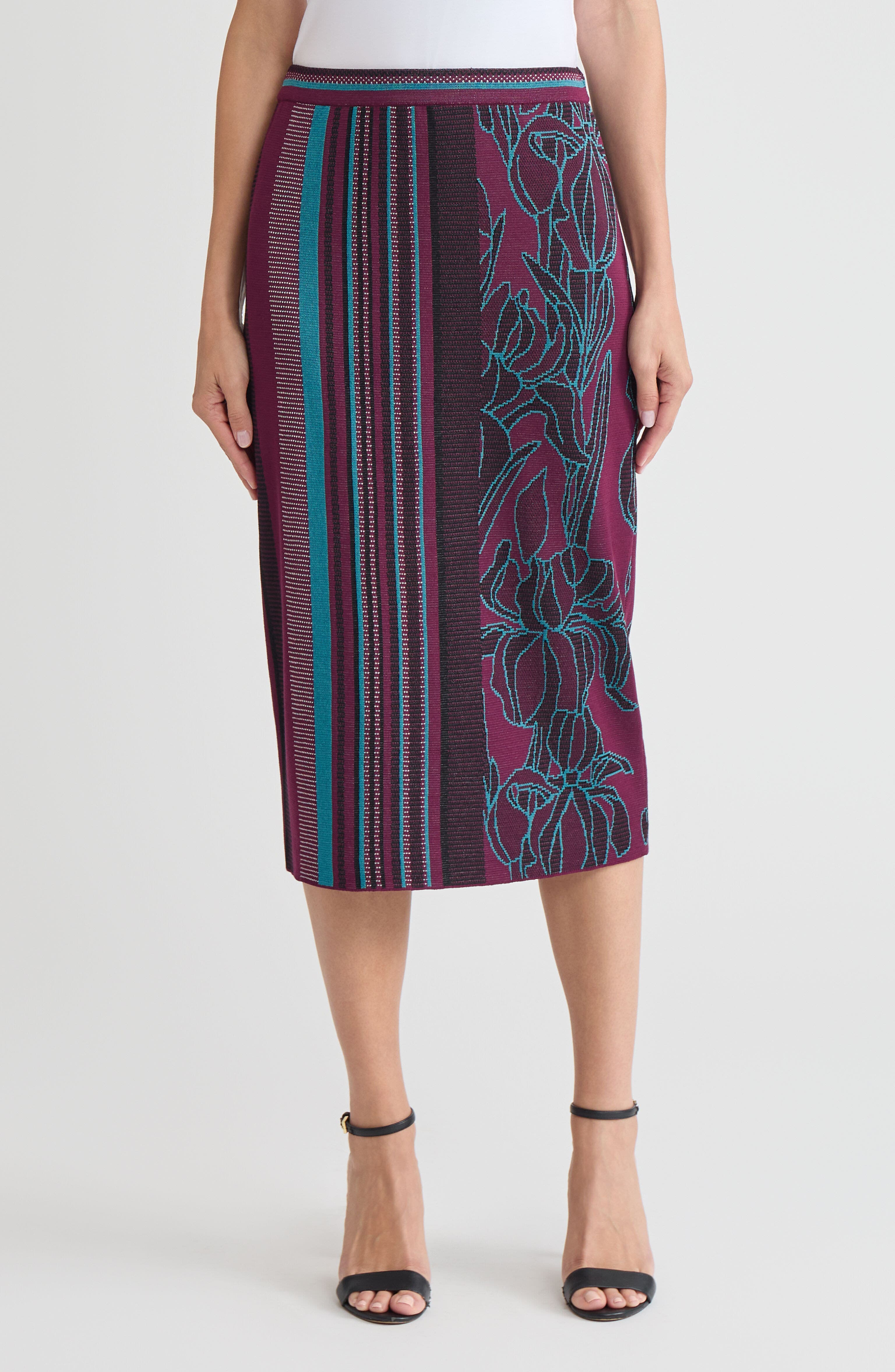 Multi-Pattern Jacquard Soft Knit Straight Midi Skirt