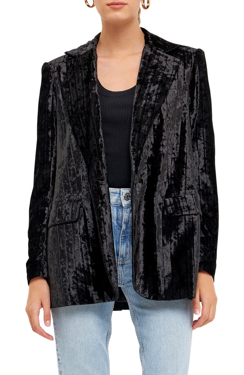 Endless Rose Pleated Crushed Velvet Blazer, Main, color, Black