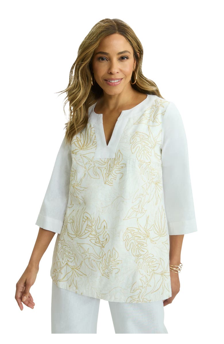 Jessica London Linen V-Neck Embroidered Tunic, Main, color, White Leaf Embroidery