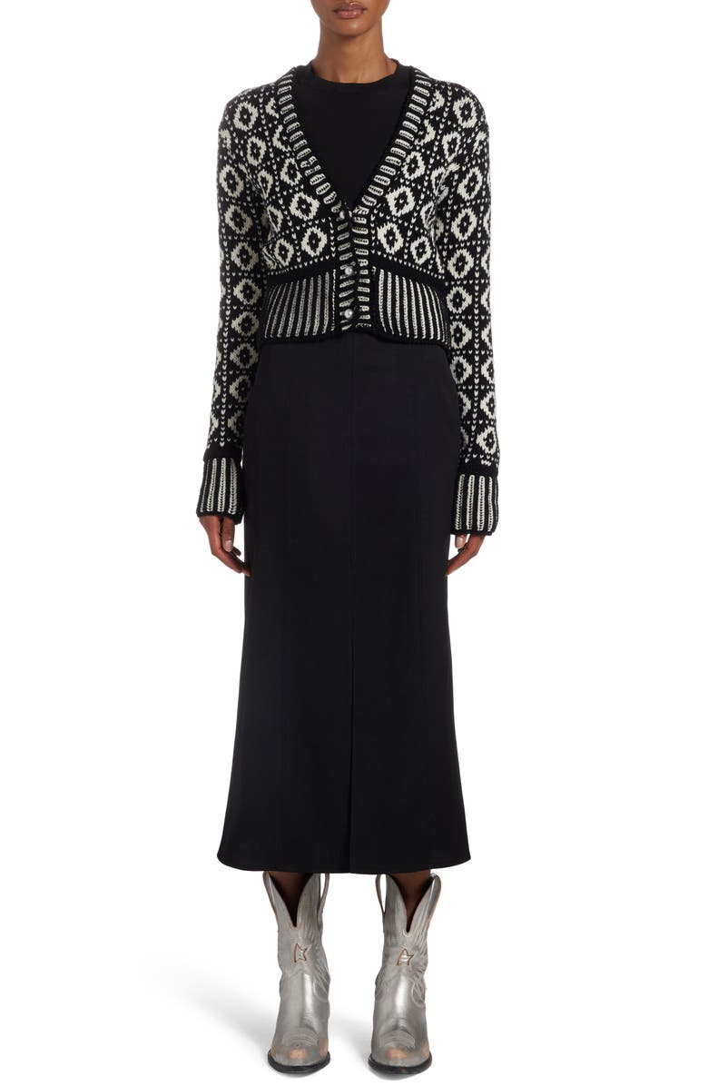 Golden Goose Imitation Pearl Geo Nordic Jacquard Crop Wool Cardigan, Alternate, color, Antique White/ Black