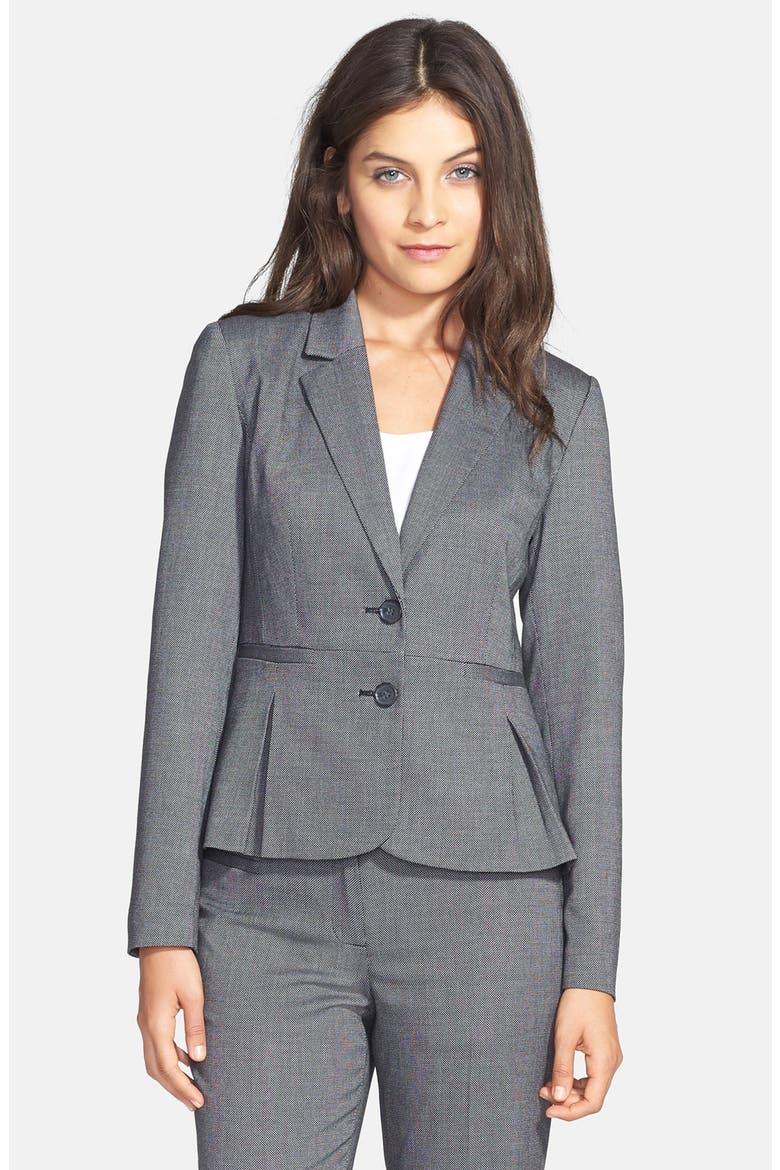 Pleat Peplum Suit Jacket, Main, color, BLACK BIRDSEYE PATTERN