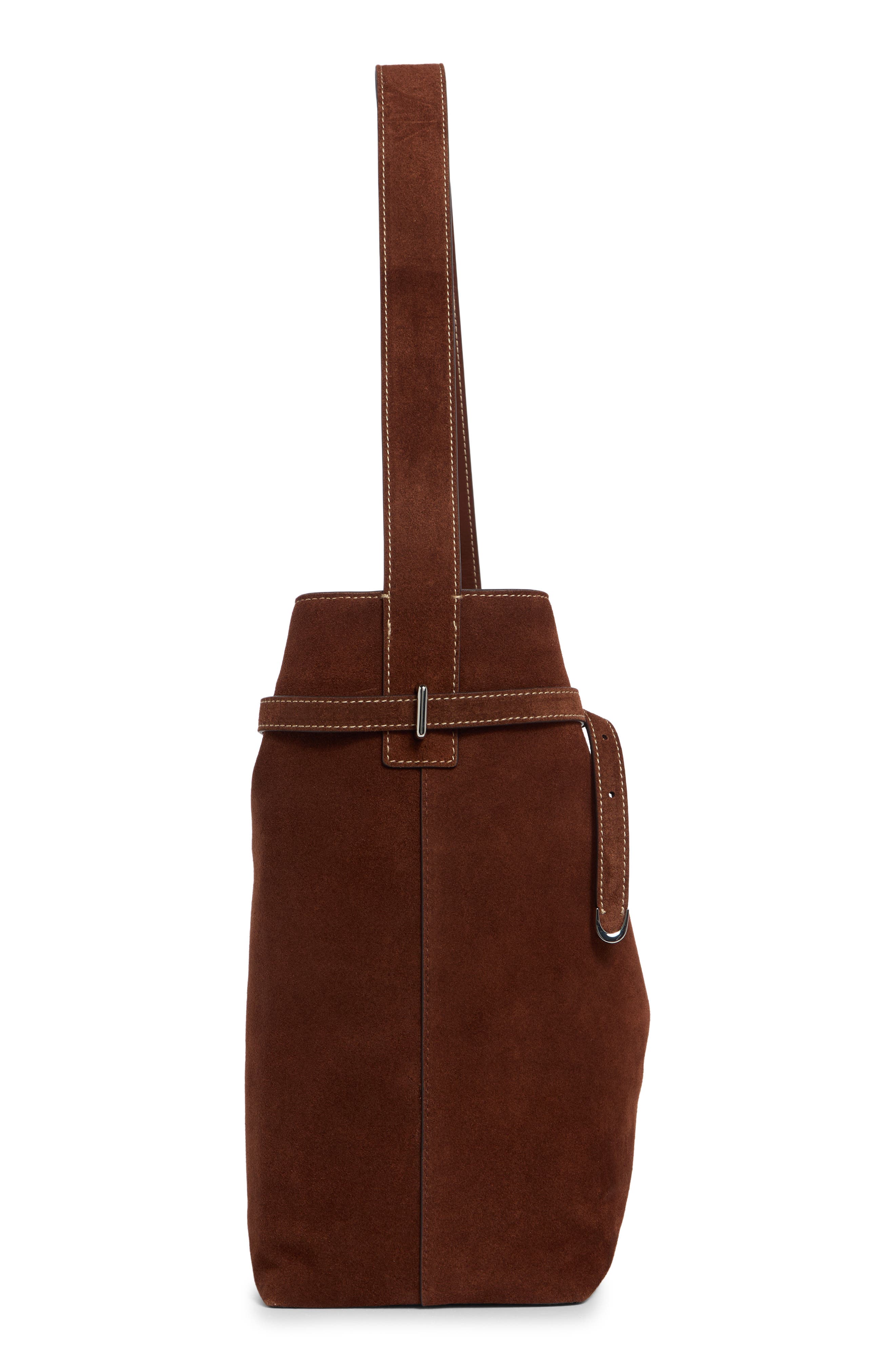 The Essential Belted Suede Bucket Tote, Alternate, color, SOFT MAHOGANY