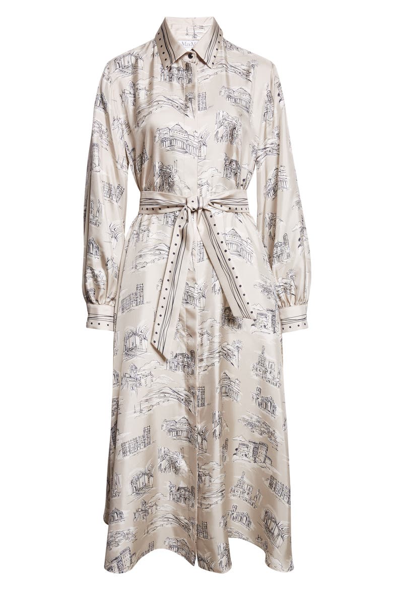 Carbone Print Long Sleeve Silk Shirtdress, Alternate, color, SAND