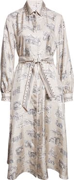 Max Mara Carbone Print Long Sleeve Silk Shirtdress