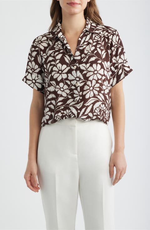 Floral Print Short Sleeve Button-Up Shirt (Petite)