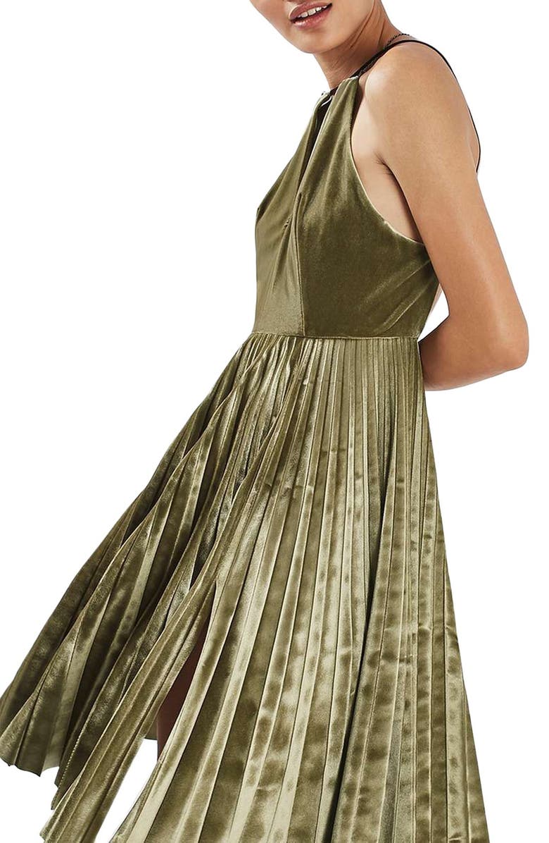 Topshop Pleated Velvet Fit & Flare Dress, Alternate, color, 