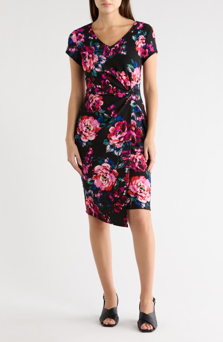 Connected Apparel Crepe Twist Waist Dress, Main, color, Black