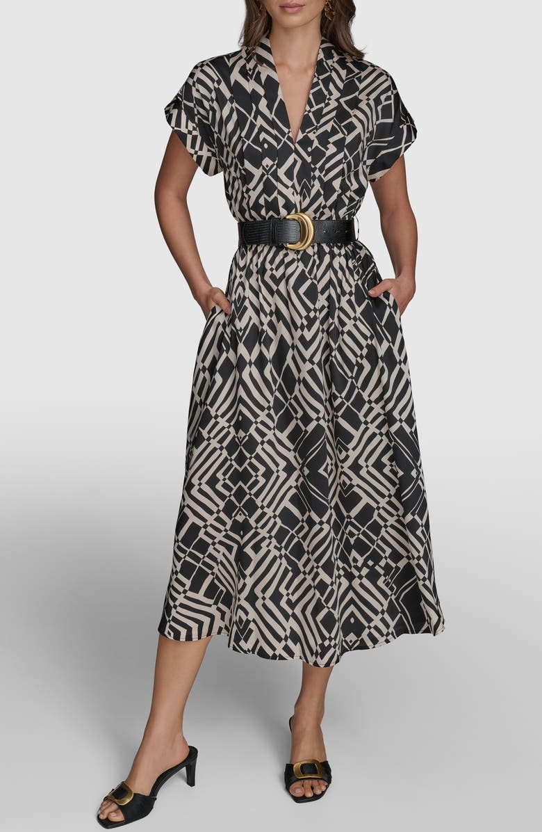 Donna Karan New York Print Belted Midi Dress, Main, color, Black/ Sand