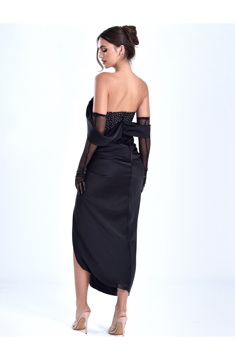 Miss Circle Stella Off Shoulder Crystal Corset Satin Gown, Alternate, color, Black