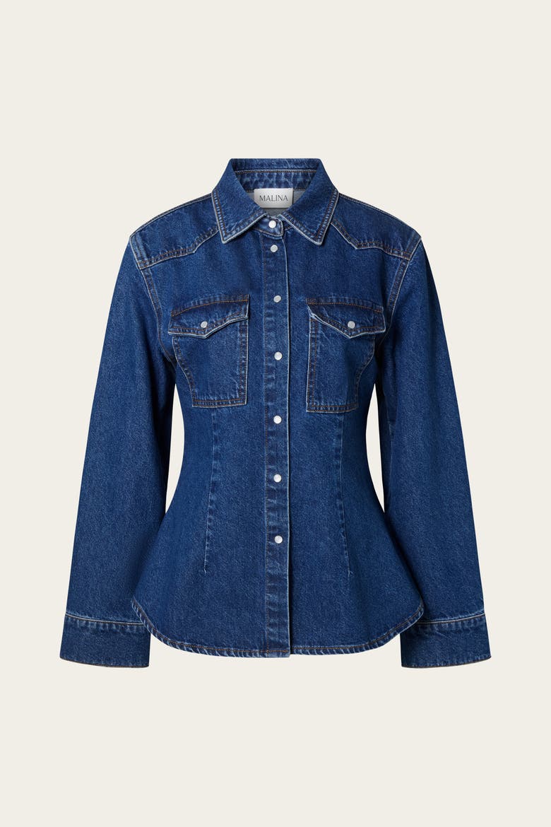 Anthea Fitted Waist Denim Shirt, Alternate, color, Dark Blue Wash