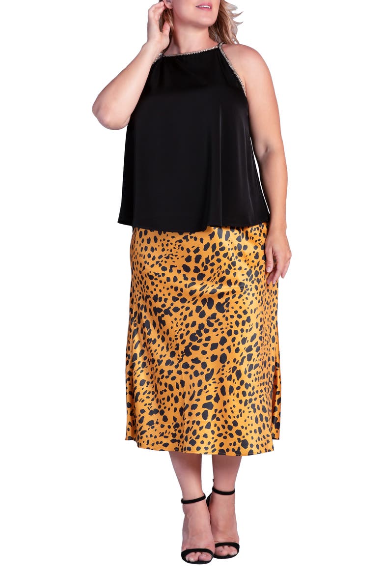 Izar High Waist Satin Midi Skirt, Alternate, color, GOLD PRINT