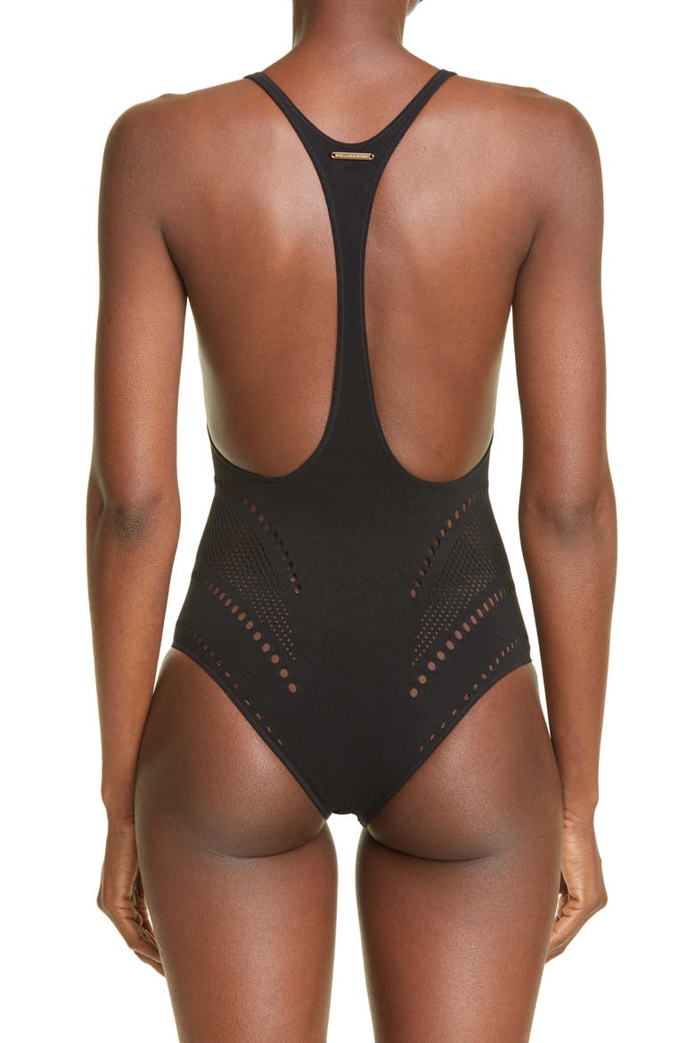 Stellawear Perforated One-Piece Swimsuit, Alternate, color, BLACK