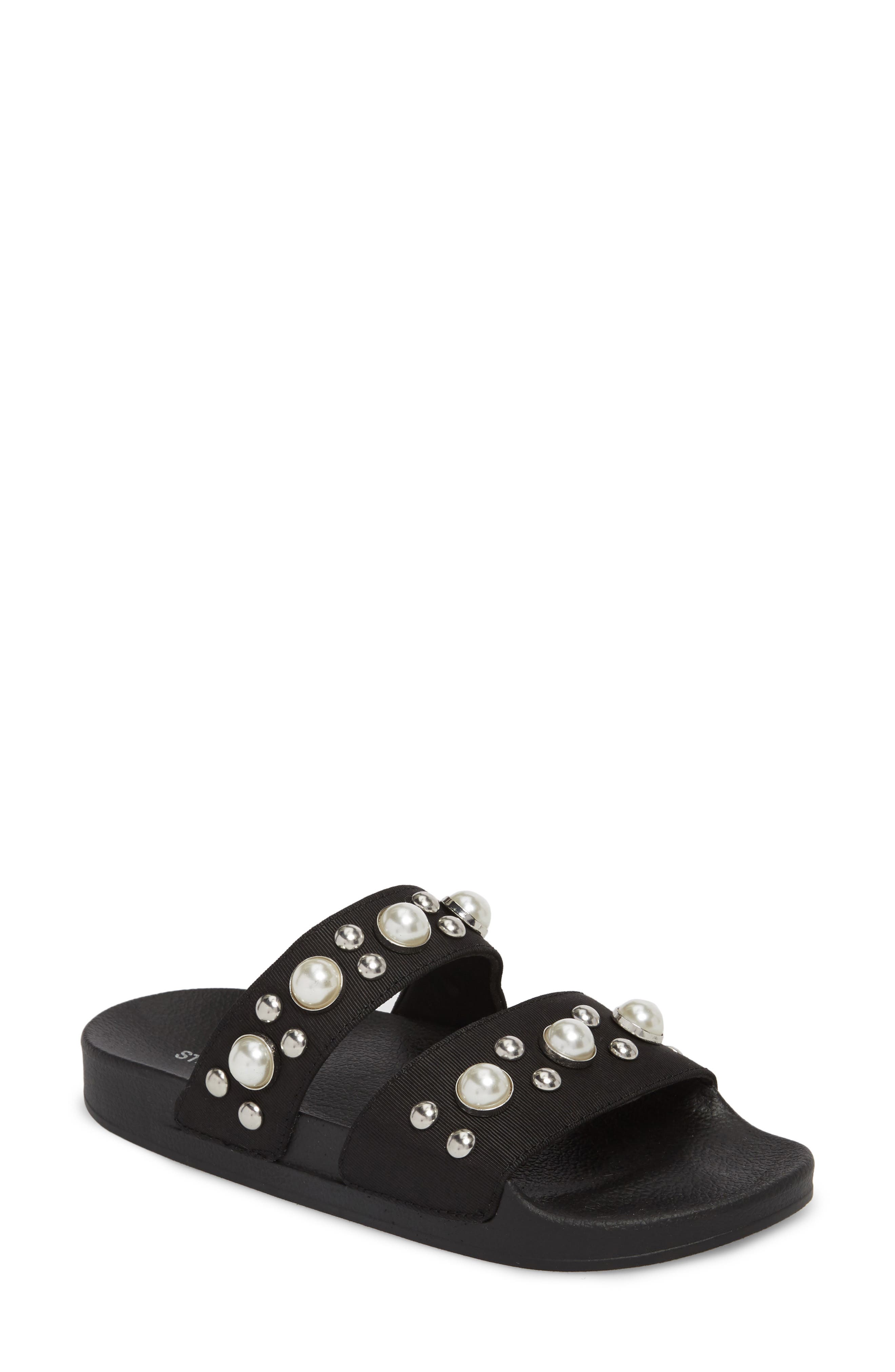 Polite Embellished Slide Sandal, Main, color, BLACK