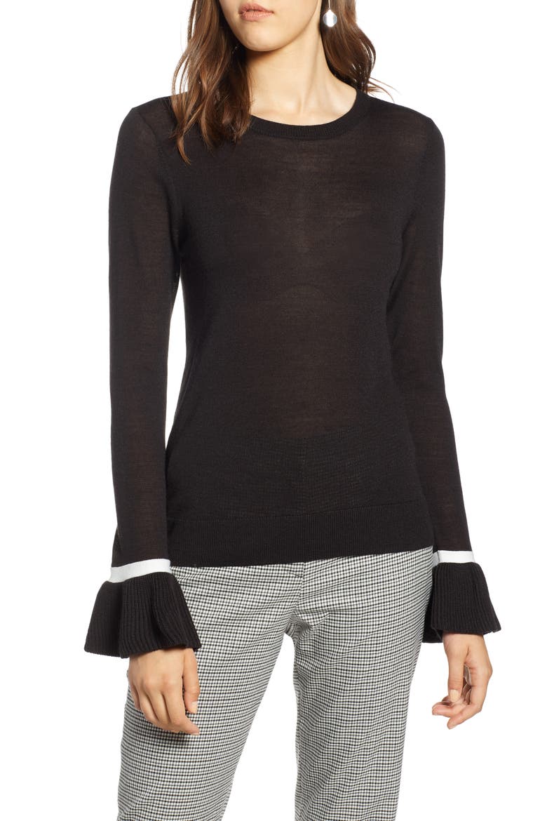 Ruffle Cuff Sweater, Main, color, BLACK- IVORY COLORBLOCK