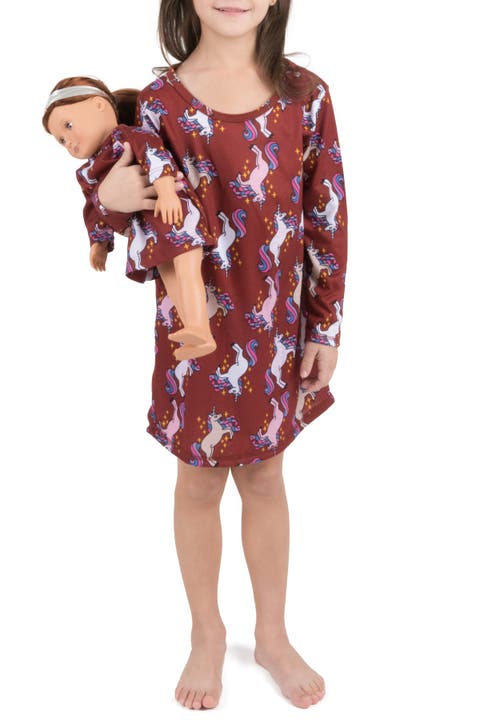 Girls Long Sleeve Nightgown with Matching Doll Nightgown, Printed Design