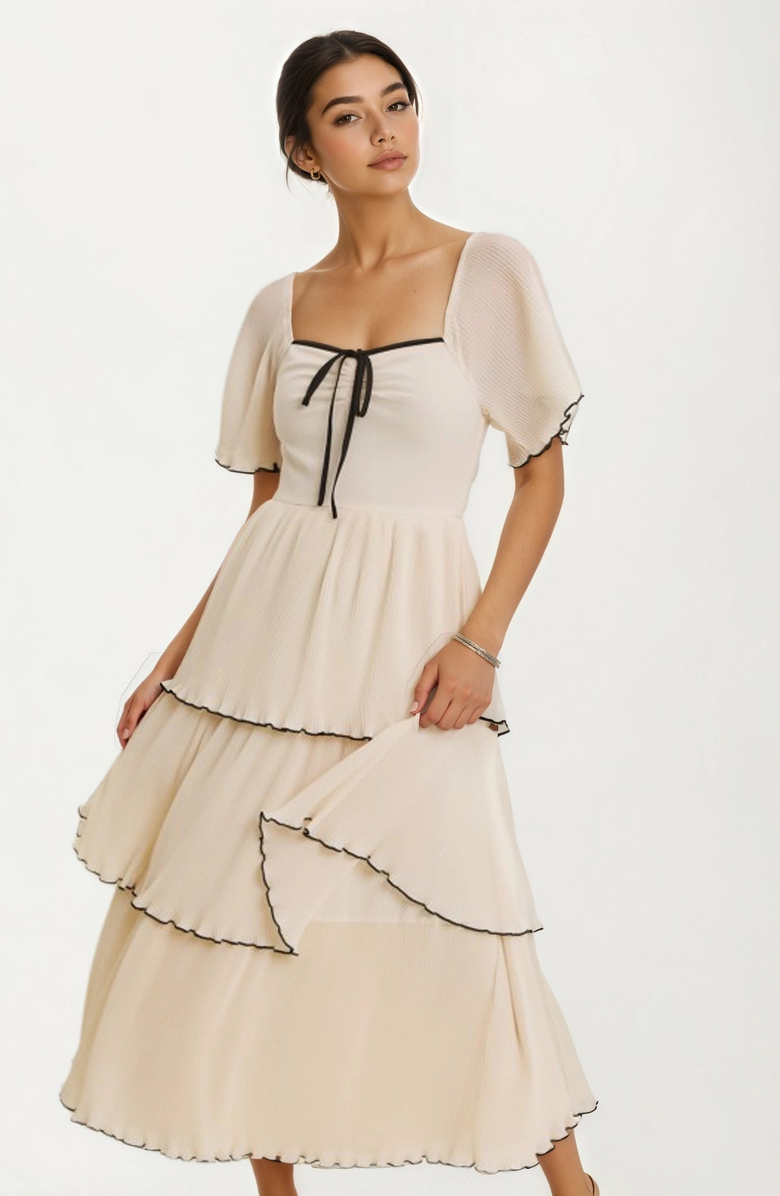 Knit and Lounge Tiered Flutter Sleeve Tie Front Midi Dress, Alternate, color, 