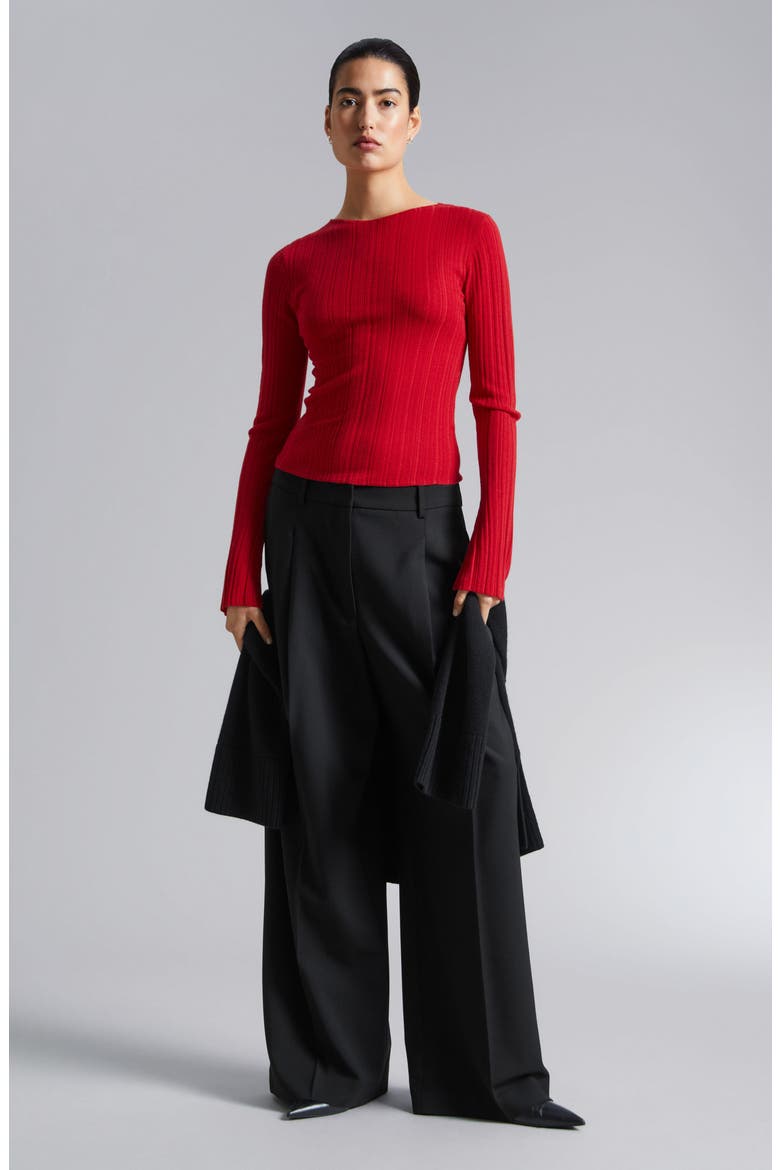 Bell Sleeve Wool Rib Sweater, Alternate, color, RED