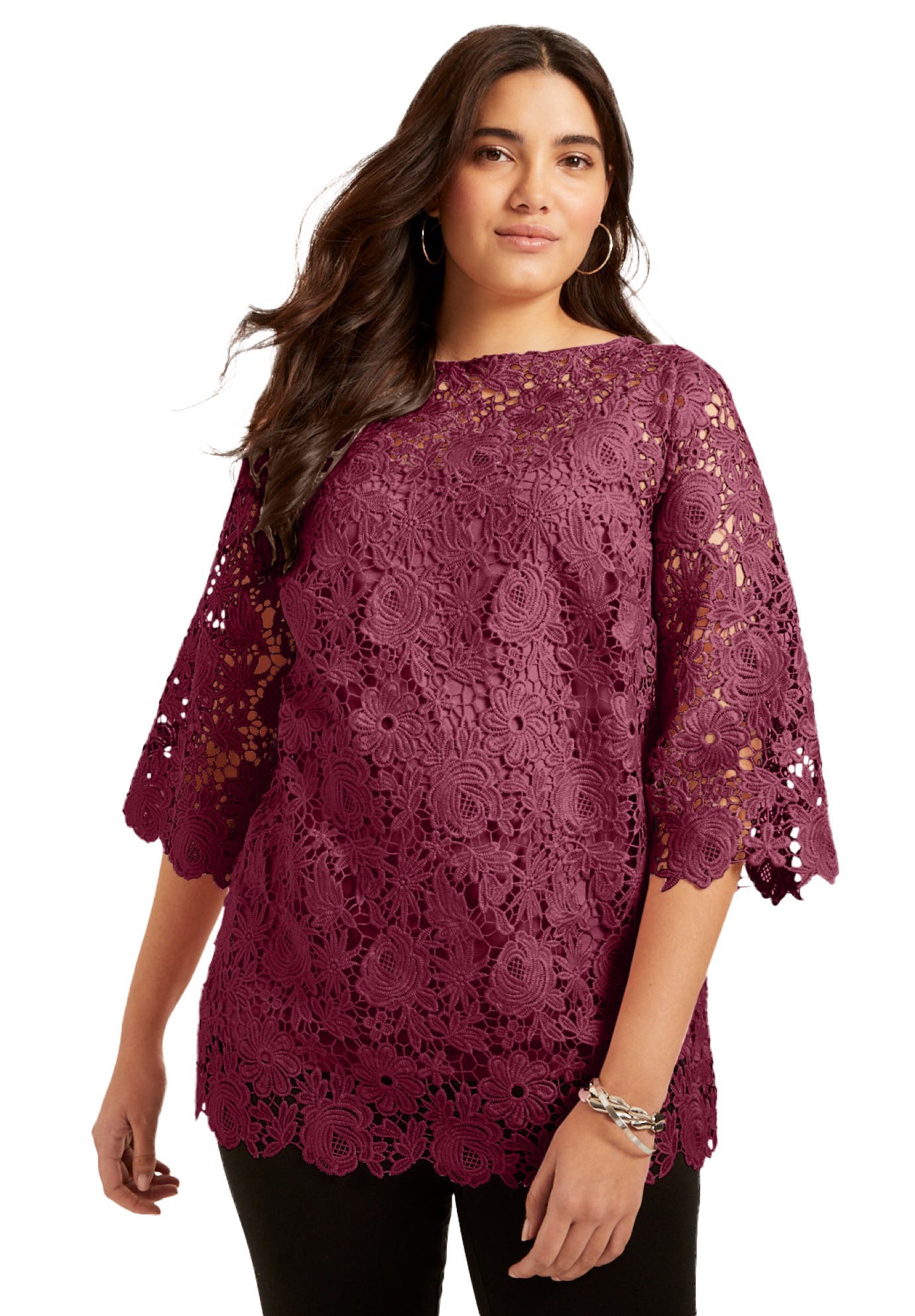 June + Vie Allover Lace Top in Merlot 