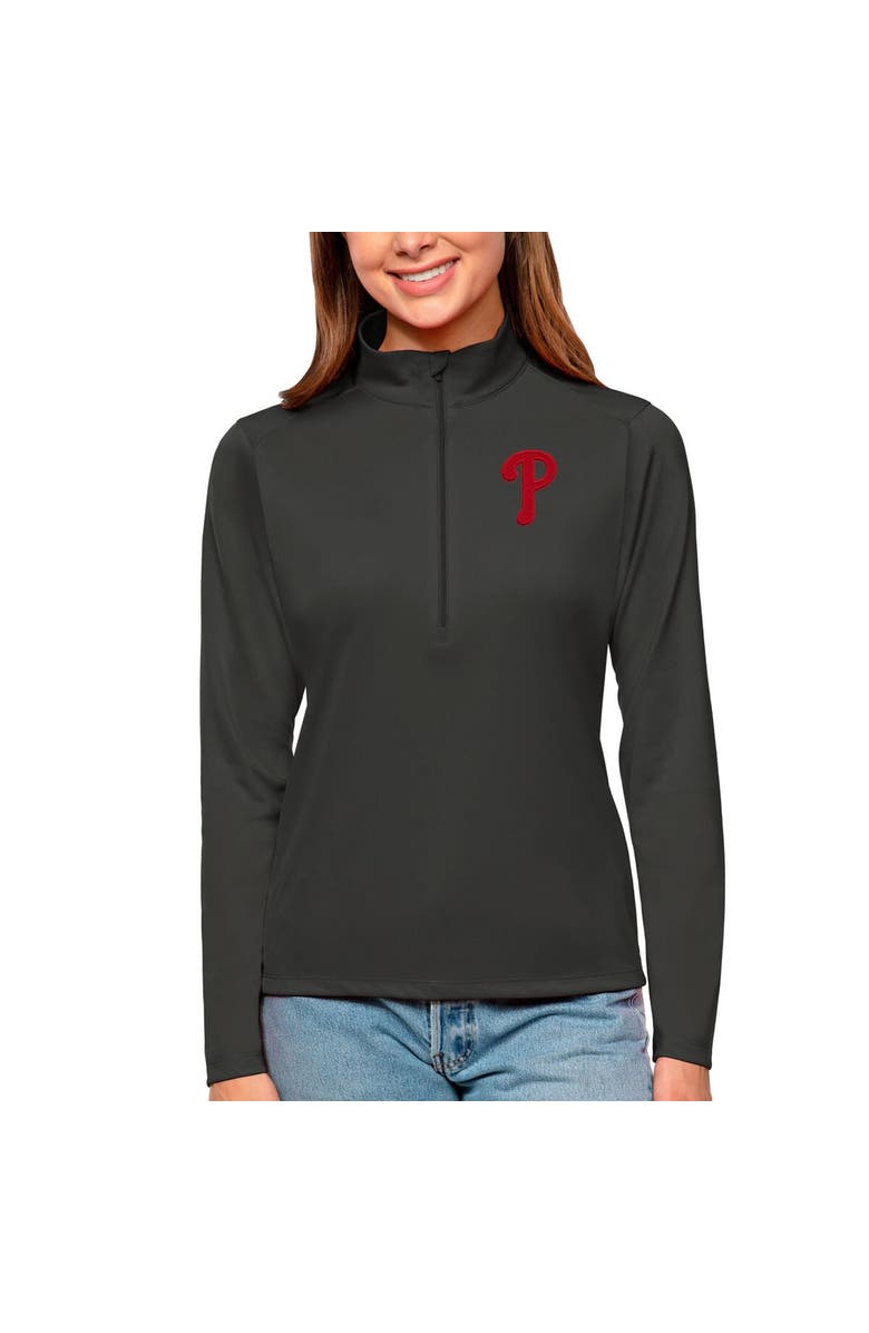 ANTIGUA Women's Antigua Charcoal Philadelphia Phillies Tribute Quarter-Zip Pullover Top, Alternate, color, Charcoal