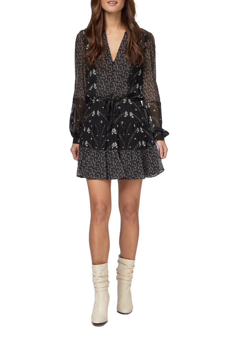 Osteria Mixed Floral Long Sleeve Silk Chiffon Dress, Main, color, BLACK MULTI MIX