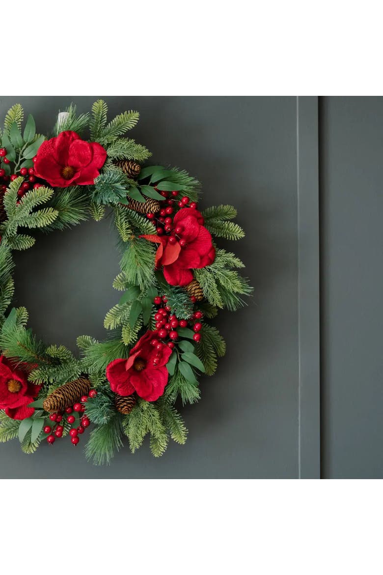 26" Pre-Lit Red Magnolia Pinecone & Berry Wreath, Alternate, color, Red magnolia, pinecone & berry