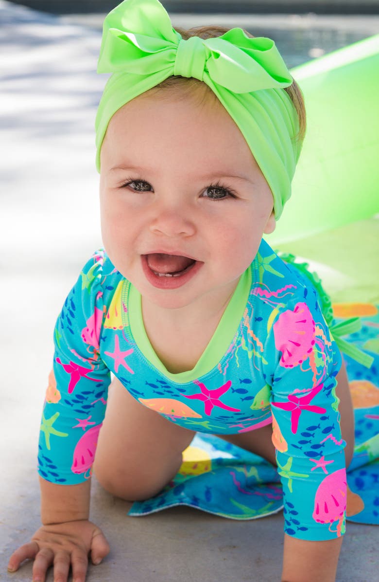 RuffleButts Kids' Jelly Time Long Sleeve One-Piece Rashguard Swimsuit, Alternate, color, Blue