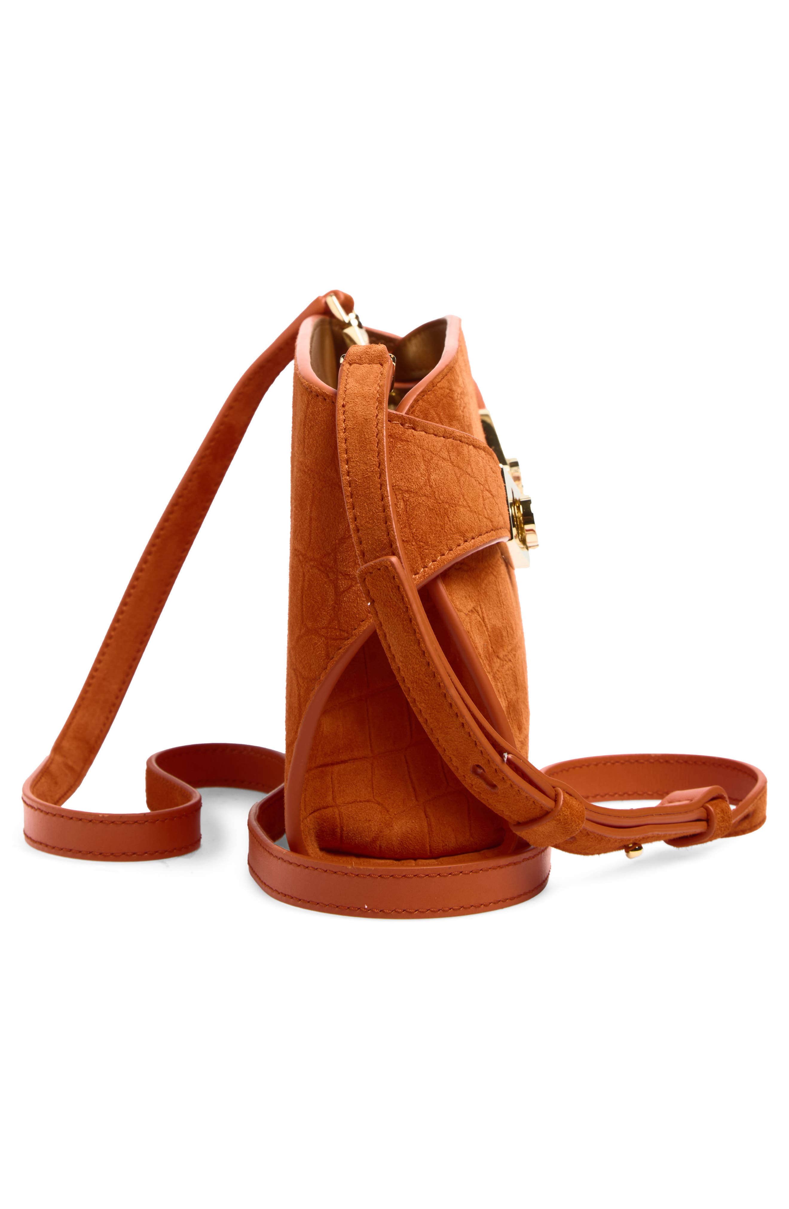 FERRAGAMO Hug Croc Embossed Suede East/West Shoulder Bag, Alternate, color, Light Siena Naturale Rst