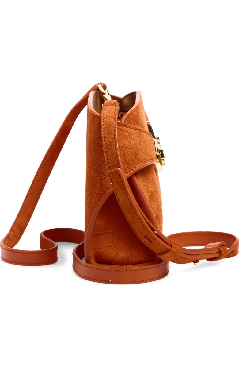 FERRAGAMO Hug Croc Embossed Suede East/West Shoulder Bag, Alternate, color, Light Siena Naturale Rst