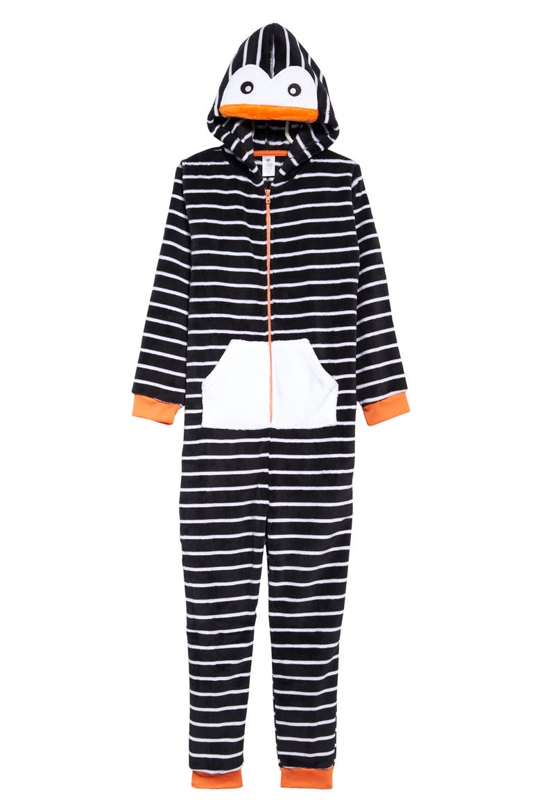 Kids' One-Piece Pajamas, Main, color, BLACK- WHITE STRIPE PENGUIN