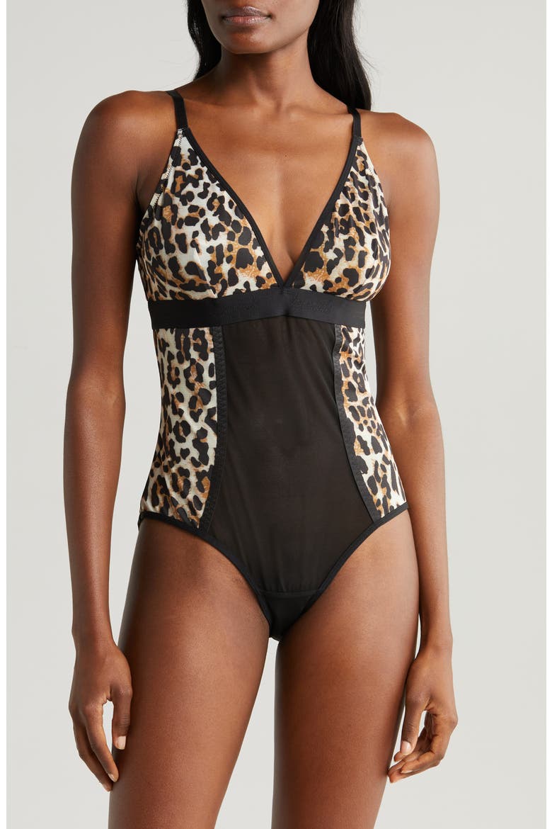 Leopard Print Mesh Bodysuit, Main, color, BROWN