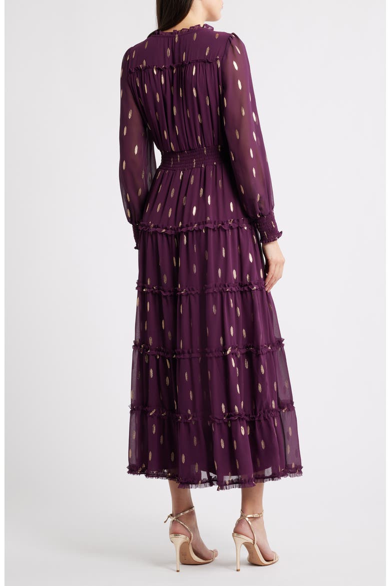 Metallic Fleck Long Sleeve Tiered Dress, Alternate, color, MERLOT