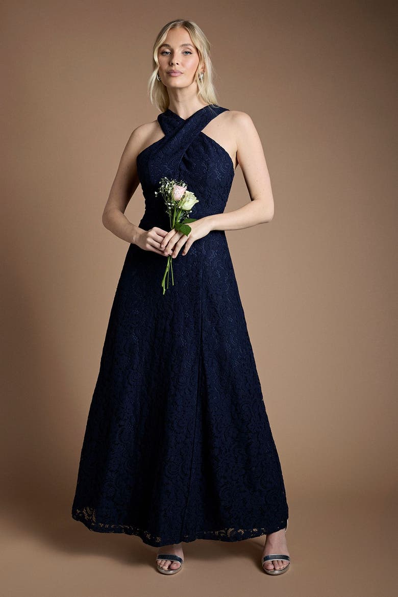 Cross Halter Neck Bridesmaid Maxi Dress, Alternate, color, Navy