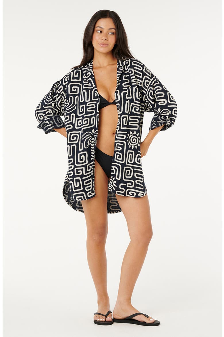 Sunset Luau Print Button-Up Oversize Blouse, Alternate, color, BLACK/ OFF WHITE