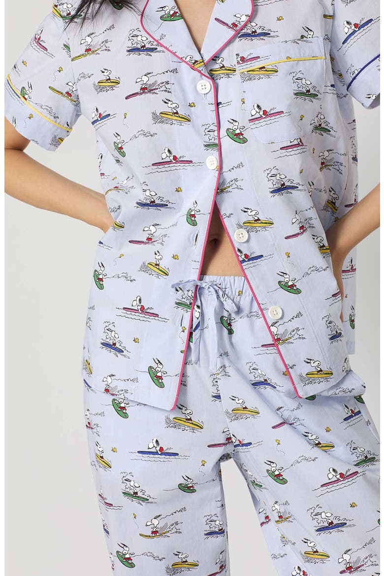 Print Stretch Organic Cotton Jersey Crop Pajamas, Alternate, color, CATCH A WAVE SNOOPY