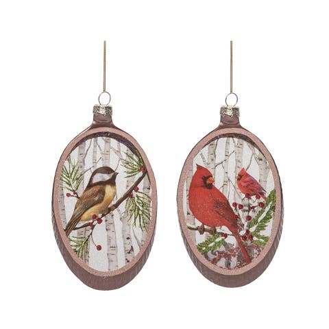 Multicolored Christmas Woodcut Painted Winter Bird Ornament Set