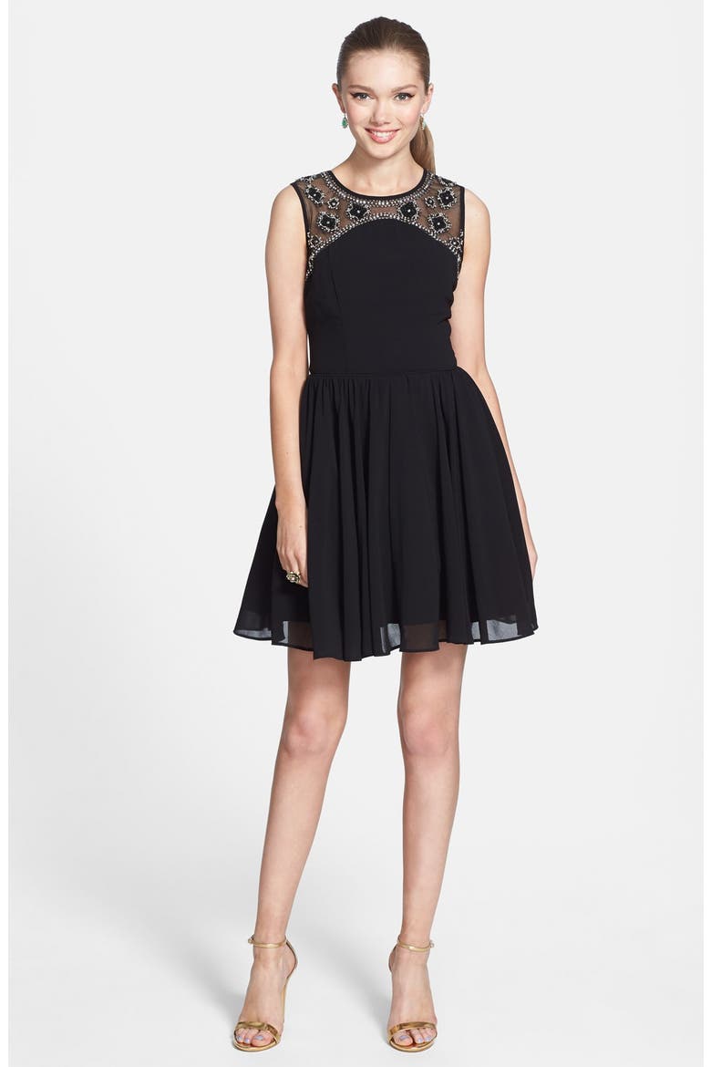 Embellished Yoke V-Back Fit & Flare Dress, Main, color, BLACK