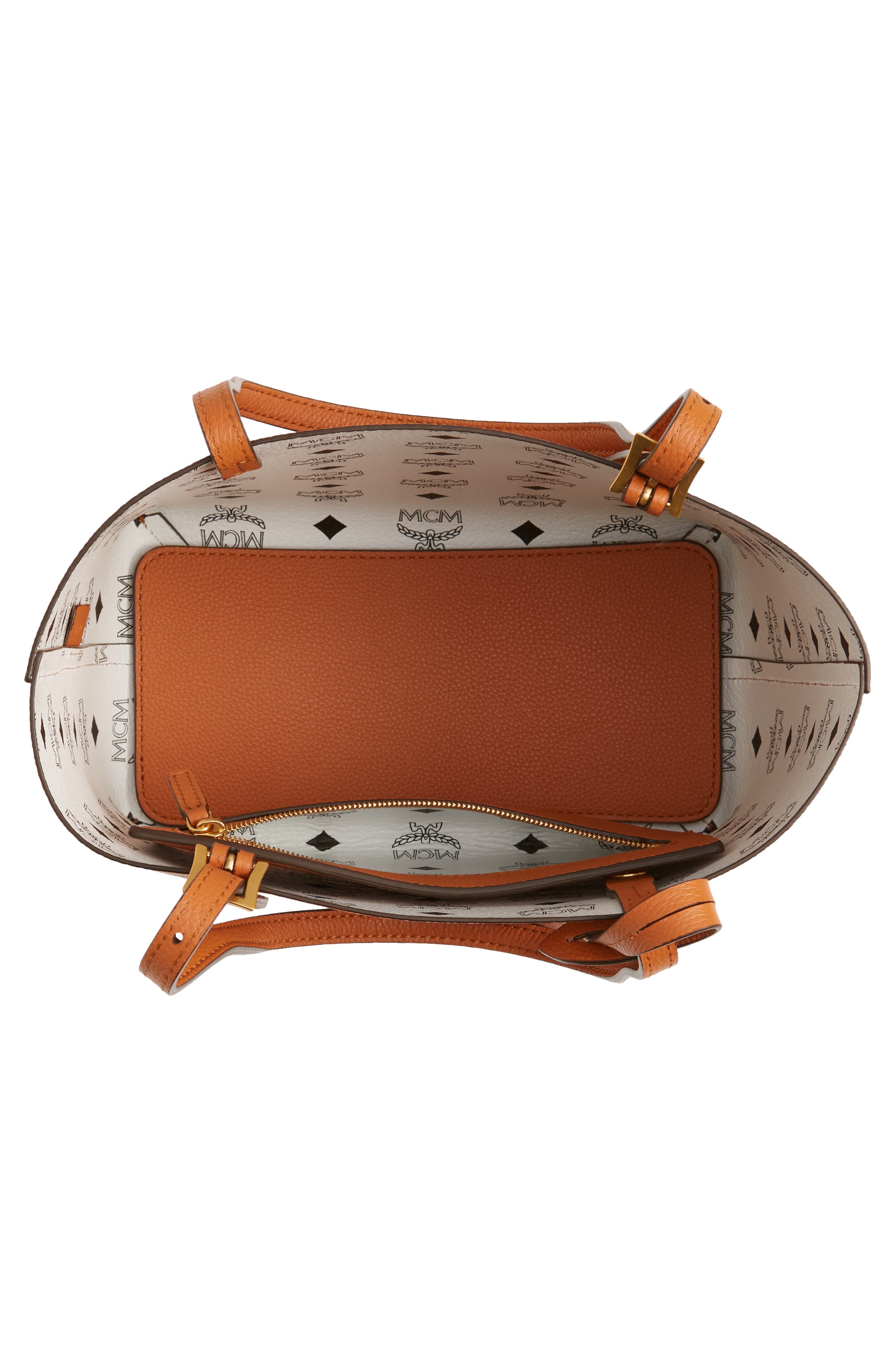 MCM Mini Lauretos Reversible Leather Shopper Bag, Alternate, color, Cognac